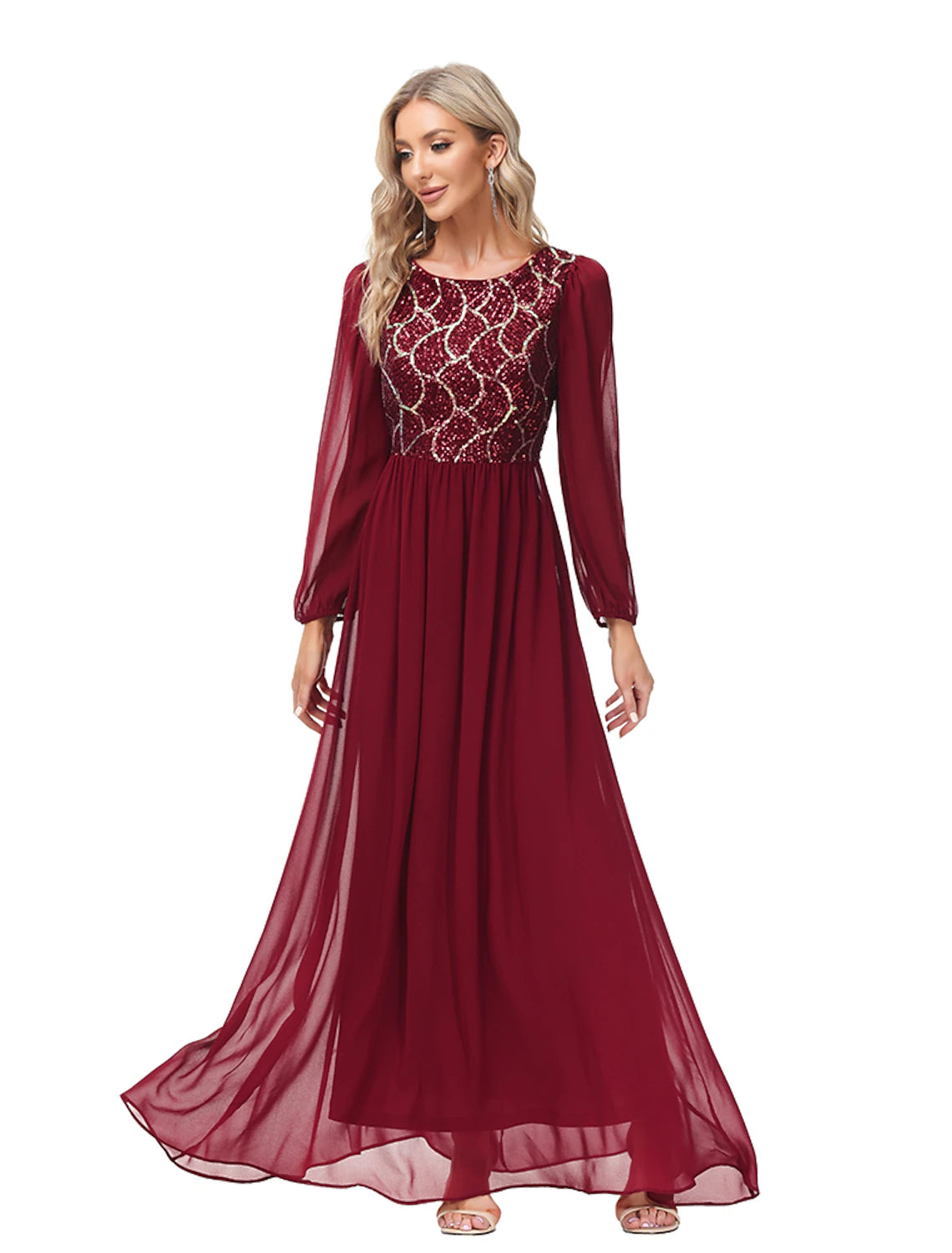 A-Linien-Abendkleid, Empire-Kleid, Partykleid, bodenlang, langärmlig, Rundhalsausschnitt, Chiffon, V-Rücken mit Pailletten-Spleißen